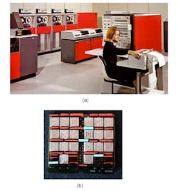 2. The IBM System/360 (a) revolutionized mainframes. Shown are the 360&rsquo;s chips (b). (Courtesy of IBM and Creative Commons)