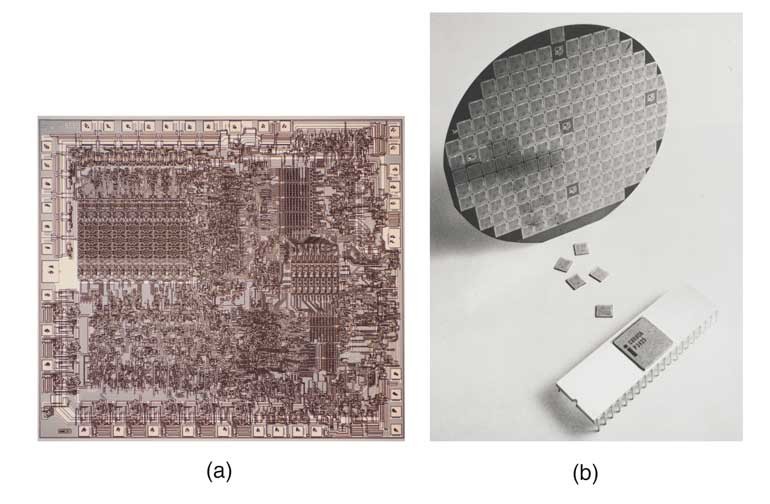 5. The 8-bit Intel 8080 sparked the PC revolution. Shown are a die shot of the 8080 (a) and the 8080 on a wafer, as a chip, and in its package (b). (Courtesy of Intel)