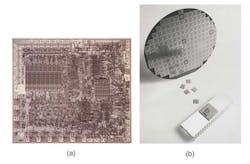 5. The 8-bit Intel 8080 sparked the PC revolution. Shown are a die shot of the 8080 (a) and the 8080 on a wafer, as a chip, and in its package (b). (Courtesy of Intel)