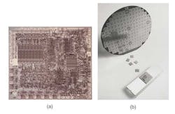 5. The 8-bit Intel 8080 sparked the PC revolution. Shown are a die shot of the 8080 (a) and the 8080 on a wafer, as a chip, and in its package (b). (Courtesy of Intel) 5. The 8-bit Intel 8080 sparked the PC revolution. Shown are a die shot of the 8080 (a) and the 8080 on a wafer, as a chip, and in its package (b). (Courtesy of Intel)