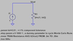 18. LTspice schematic for a simulated 1001-point Monte Carlo distribution. 18. LTspice schematic for a simulated 1001-point Monte Carlo distribution.