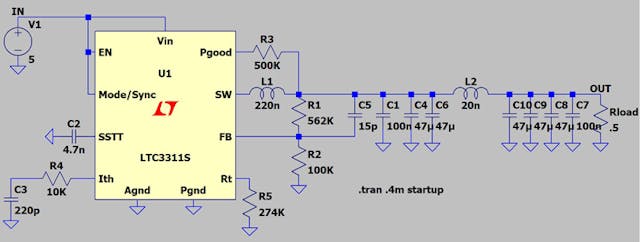 2. LTspice can be used to evaluate different capacitors at the output of a power supply in a system.