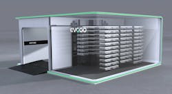 A standard EVOGO system exchange station is said to occupy the footprint of three parking spaces and can hold up to 48 Choco-SEBs. The exchange of a block should take about one minute. A standard EVOGO system exchange station is said to occupy the footprint of three parking spaces and can hold up to 48 Choco-SEBs. The exchange of a block should take about one minute.