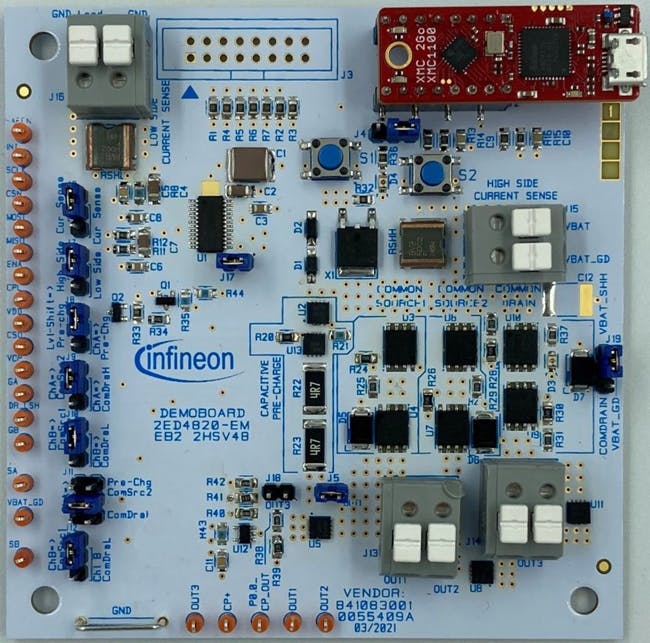 2. The 2ED4820-EM evaluation board has two high-side configurable outputs, common-source or common-drain (back-to-back) MOSFET structures, optional capacitive pre-charging, up to 20-A dc/1 mF, and selectable current-sense configuration.
