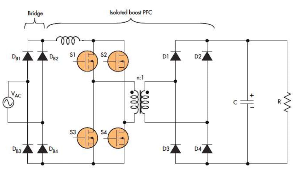 7. A full-bridge extension of the boost converter, controlled as a PFC converter, provides isolation.