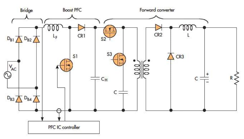 9. This PFC circuit uses an isolated forward converter. a setup usually reserved in medium- and low-power situations.