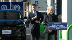 U.S. Secretary of Energy Jennifer Granholm and U.S. Secretary of Transportation Pete Buttigieg announced a memorandum of understanding to create a Joint Office of Energy and Transportation to support deployment of a national electric-vehicle charging network. Secretaries Buttigieg and Granholm arrived in an electric Ford Mustang Mach-E with Buttigieg behind the wheel. U.S. Secretary of Energy Jennifer Granholm and U.S. Secretary of Transportation Pete Buttigieg announced a memorandum of understanding to create a Joint Office of Energy and Transportation to support deployment of a national electric-vehicle charging network. Secretaries Buttigieg and Granholm arrived in an electric Ford Mustang Mach-E with Buttigieg behind the wheel.