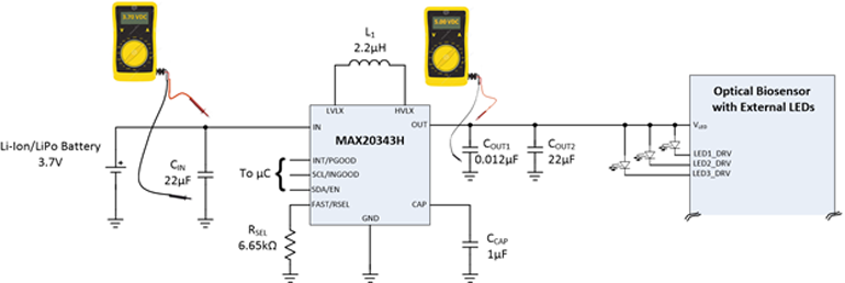 10. Block diagram of the 5.0-V dc MAX20343H SMPS circuit for remote-patient vital sign monitoring applications.