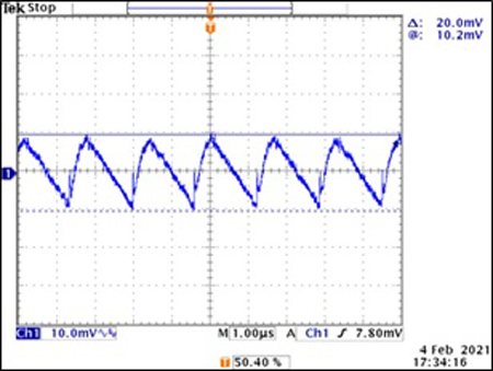 15. Oscilloscope screen capture of the MAX20343H (5 V) output ripple waveform.