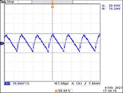 15. Oscilloscope screen capture of the MAX20343H (5 V) output ripple waveform. 15. Oscilloscope screen capture of the MAX20343H (5 V) output ripple waveform.