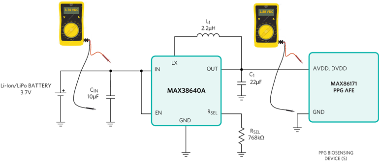 3. A 1.8-V dc MAX38640A SMPS circuit for remote-patient vital sign monitoring applications.