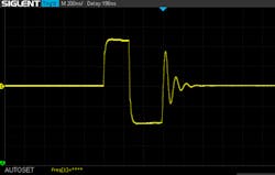 6. Oscilloscope screen capture of a typical MAX38640A VLX waveform with light load. 6. Oscilloscope screen capture of a typical MAX38640A VLX waveform with light load.