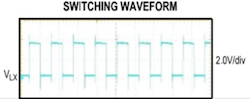 7. Oscilloscope screen capture of a switching waveform for the MAX38640A. 7. Oscilloscope screen capture of a switching waveform for the MAX38640A.