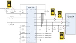 3. Integrated 1.8-V/1.8-V/5.0-V MAX77642 SMPS circuit for remote-patient vital sign monitor applications.