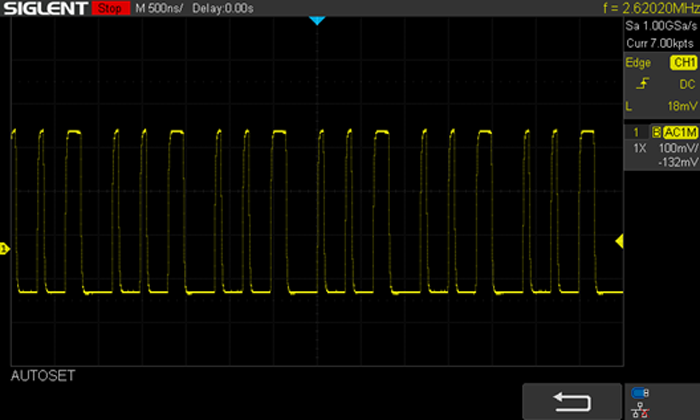 6. Typical MAX77642 LXA waveform with SSB0 and SSB1 Iout = 1.2 mA and SSB2 Iout = 126.1 mA load conditions.