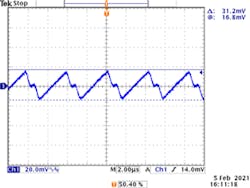 7. Oscilloscope screen capture of a MAX77642 SSB0 (Dig 1.8 V) ripple waveform (Vin = 4.2 V, Iout = 100 mA). 7. Oscilloscope screen capture of a MAX77642 SSB0 (Dig 1.8 V) ripple waveform (Vin = 4.2 V, Iout = 100 mA).