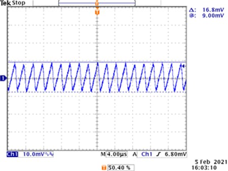 8. Oscilloscope screen capture of a MAX77642 SSB1 (Analog 1.8 V) ripple waveform (Vin = 4.2 V, Iout = 100 mA).