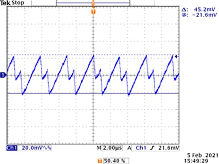 9. Oscilloscope screen capture of a MAX77642 SSB2 (5.0 V) ripple waveform (Vin = 4.2 V, Iout = 100 mA).