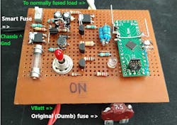 2. The smart-fuse breadboard circuit shows the various components of the smart fuse.