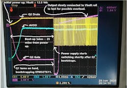 6. This oscilloscope shot shows more detail of inductor switching (Q2 drain) and output switch ramp voltage (Q3 gate). 6. This oscilloscope shot shows more detail of inductor switching (Q2 drain) and output switch ramp voltage (Q3 gate).