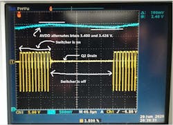 7. The 40 µs/div shows L1 charging C1 (AVDD) and the switcher off period in more detail. 7. The 40 µs/div shows L1 charging C1 (AVDD) and the switcher off period in more detail.