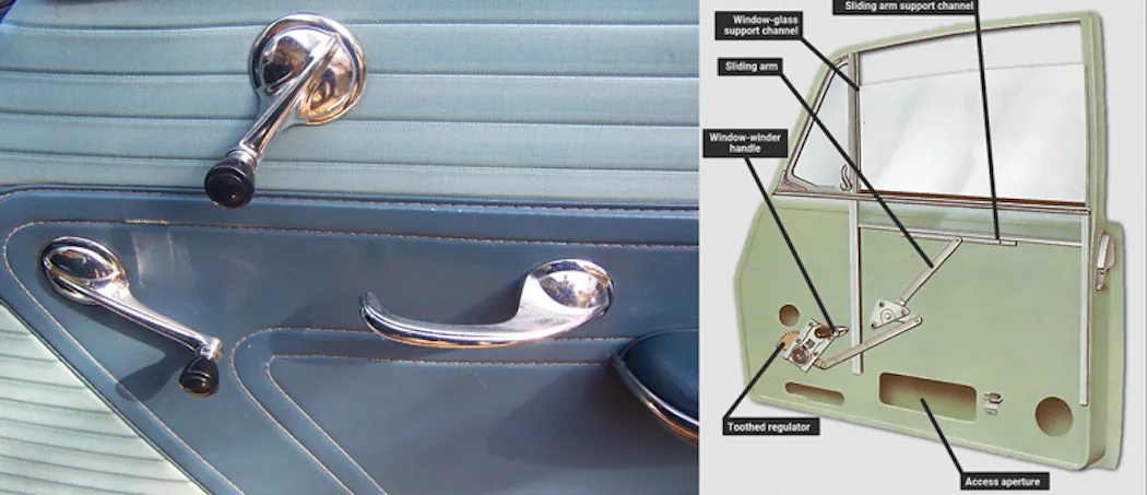 1. The manual, crank-operated car window and door latch was the only approach available for many years. (Image sources: Pinterest; How a Car Works)
