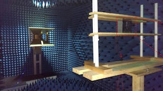 2. The researchers tested their metamaterial-based antenna in an anechoic chamber. The radio wave is sent out from the horn antenna on the left and received by the metasurface antenna mounted on the wood frame on the right (identified by a red dashed-line box). The anechoic chamber not only eliminates background signals from other sources, but it also prevents stray signals from the radio-wave source from bouncing around the room and affecting measurements.