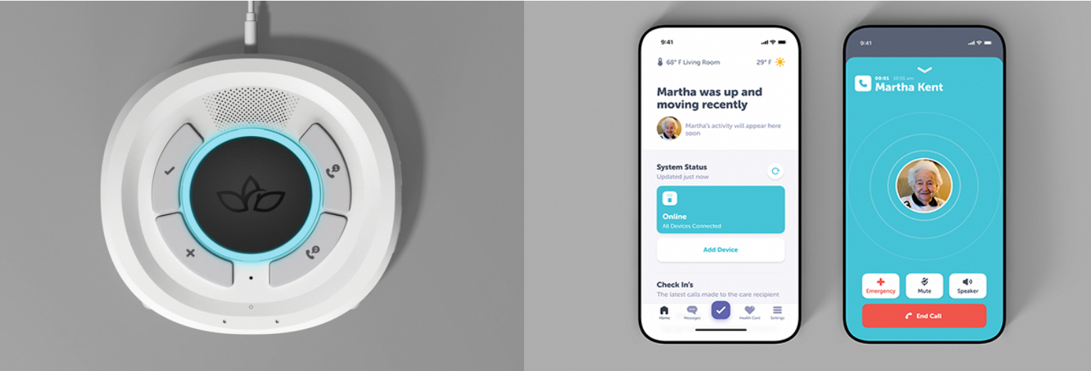 1. The Smart Hub (left) is tied into the Wi-Fi tracking system and provides voice-call capabilities. The system is tied into a smartphone app (right) that can notify caregivers of falls or other issues detected by the system.
