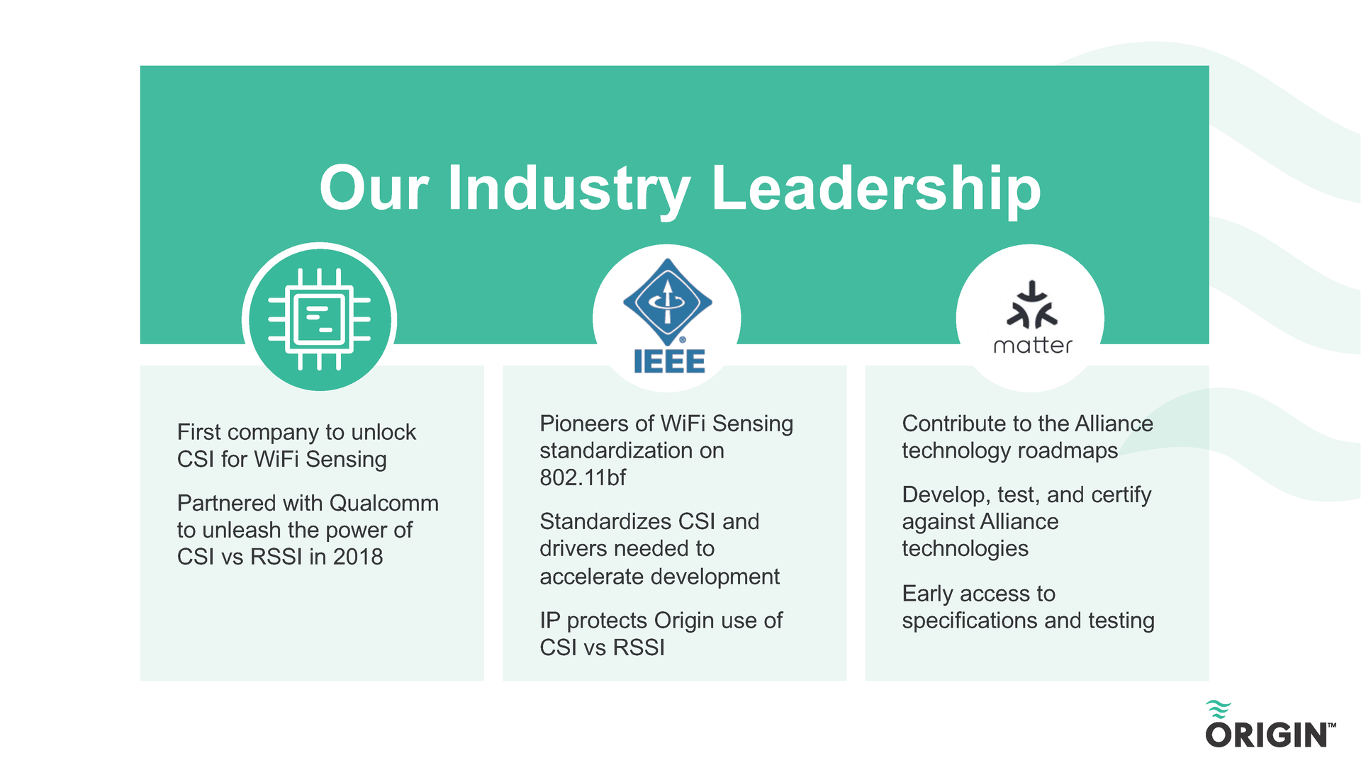 5. Origin Wireless AI is working other organizations like IEEE to standardize on Wi-Fi sensing, leading to standards like 802.11bf.
