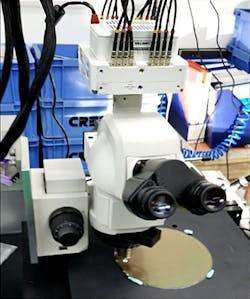 1. Shown is a 4-Mpixel machine-vision camera, mounted on a Nikon microscope equipped with a 5x magnification scanning wafer on an anti-gravity table. The resolution of the sensor was reduced to 1920 &times; 1100 with an exposure time of 100 &micro;s and 2500-fps speed. The anti-gravity floating table is set to scan the wafer at 300 mm per second.