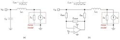 The schematics show a conventional passive filter design (a) and an active filter design (b) circuit implementation. (Image from Reference 2)