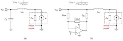 The schematics show a conventional passive filter design (a) and an active filter design (b) circuit implementation. (Image from Reference 2) The schematics show a conventional passive filter design (a) and an active filter design (b) circuit implementation. (Image from Reference 2)