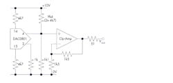 2. The DAC output interface and op-amp buffer is shown where all resistor values are in ohms.
