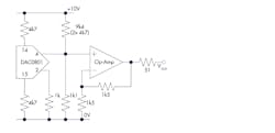 2. The DAC output interface and op-amp buffer is shown where all resistor values are in ohms. 2. The DAC output interface and op-amp buffer is shown where all resistor values are in ohms.