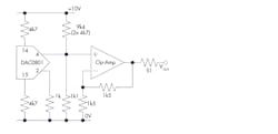 2. The DAC output interface and op-amp buffer is shown where all resistor values are in ohms. 2. The DAC output interface and op-amp buffer is shown where all resistor values are in ohms.