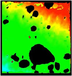 2. The acoustic image, made through the heatsink, shows depths of defects and the ceramic raft. 2. The acoustic image, made through the heatsink, shows depths of defects and the ceramic raft.