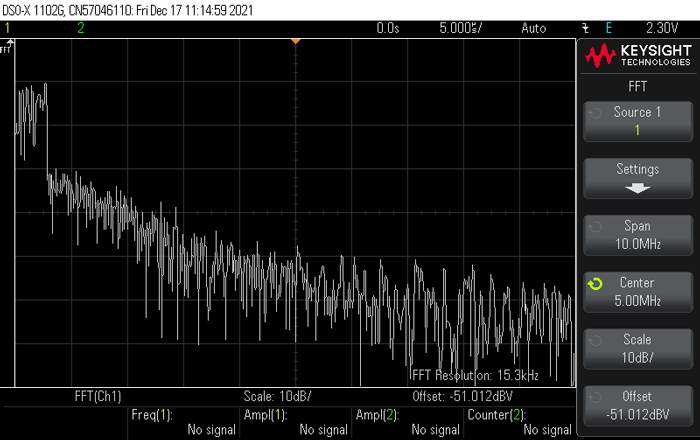 5. Shown is an oscilloscope screen capture of 1.4-MHz LTE I channel baseband signals in the frequency domain.