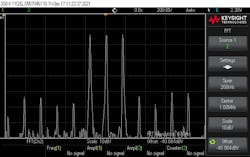 6. This oscilloscope screen capture shows a triple tone test in the frequency domain.