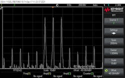 6. This oscilloscope screen capture shows a triple tone test in the frequency domain. 6. This oscilloscope screen capture shows a triple tone test in the frequency domain.
