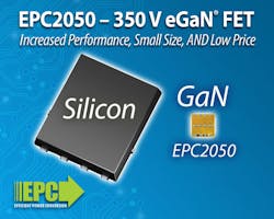 The 350-V, 80-mΩ maximum on-resistance, 26-A peak-current GaN power transistor comes in a small chip-scale package. The 350-V, 80-mΩ maximum on-resistance, 26-A peak-current GaN power transistor comes in a small chip-scale package.