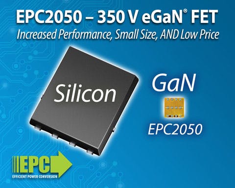 The 350-V, 80-mΩ maximum on-resistance, 26-A peak-current GaN power transistor comes in a small chip-scale package.