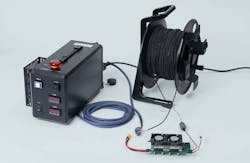 Fukaden's power-supply unit for tethered drones “Power Control BOX II Main Power Supply Unit” (back) integrates two Vicor DCM units (lower right). Fukaden's power-supply unit for tethered drones “Power Control BOX II Main Power Supply Unit” (back) integrates two Vicor DCM units (lower right).