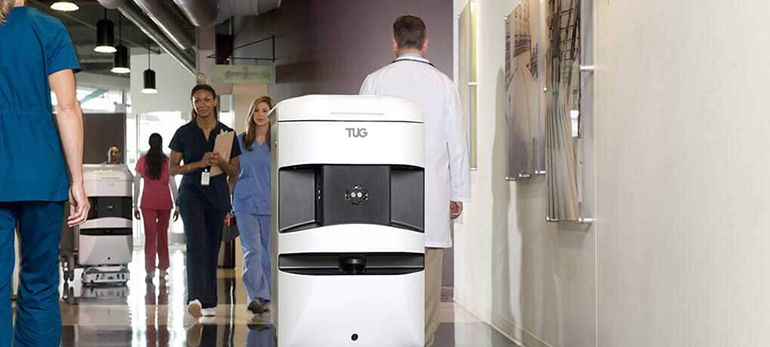 1. Aethon&rsquo;s TUG mobile robots can securely deliver pharmacy medications and laboratory specimens autonomously. (Courtesy of Aethon)
