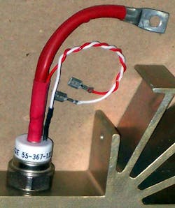 3. Note the gauge of the three wires for this silicon-controlled rectifier (SCR). There are two small control wires and one large primary power cable. (Courtesy of C J Cowie, CC BY-SA 3.0)