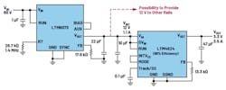 2. In this circuit solution, the LTM8073 and LTM4624 downconvert 60-V input to 3.3-V output. 2. In this circuit solution, the LTM8073 and LTM4624 downconvert 60-V input to 3.3-V output.