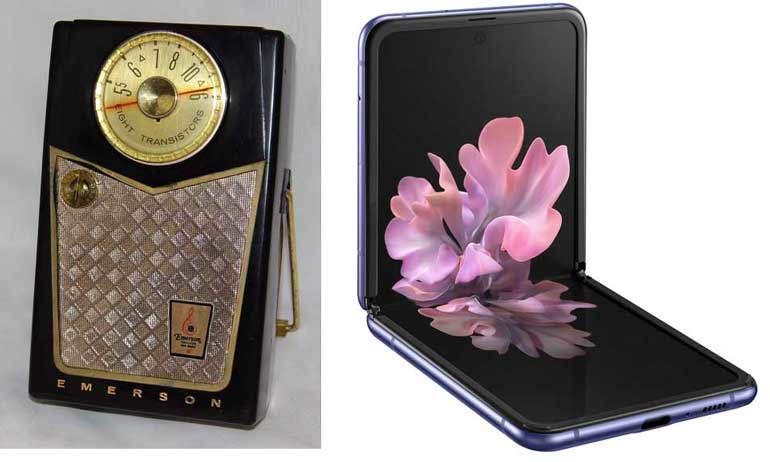 1. Transistor radios in the 1950s had half-a-dozen transistors (left). The Samsung Galaxy Z Flip has a folding AMOLED screen with 2636 &times; 1080 resolution and a 64-bit, 8-core system-on-chip with gigabytes of storage (right). (Courtesy of Joe Haupt from USA (left), and Samsung (right))