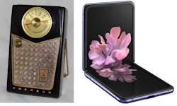 1. Transistor radios in the 1950s had half-a-dozen transistors (left). The Samsung Galaxy Z Flip has a folding AMOLED screen with 2636 × 1080 resolution and a 64-bit, 8-core system-on-chip with gigabytes of storage (right). (Courtesy of Joe Haupt from USA (left), and Samsung (right)) 1. Transistor radios in the 1950s had half-a-dozen transistors (left). The Samsung Galaxy Z Flip has a folding AMOLED screen with 2636 × 1080 resolution and a 64-bit, 8-core system-on-chip with gigabytes of storage (right). (Courtesy of Joe Haupt from USA (left), and Samsung (right))