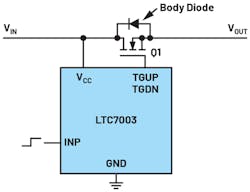 1. Switching a supply line with an N-channel MOSFET and a separate driver circuit (LTC7003).