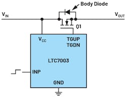1. Switching a supply line with an N-channel MOSFET and a separate driver circuit (LTC7003). 1. Switching a supply line with an N-channel MOSFET and a separate driver circuit (LTC7003).