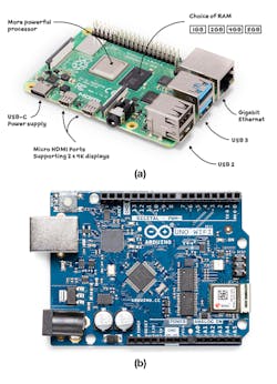 1. Raspberry Pi (a) and Arduino (b) are two of the most popular developer platforms that are often turned into industrial products. (Credit Raspberry Pi Foundation and Arduino&mdash;a and b, respectively)